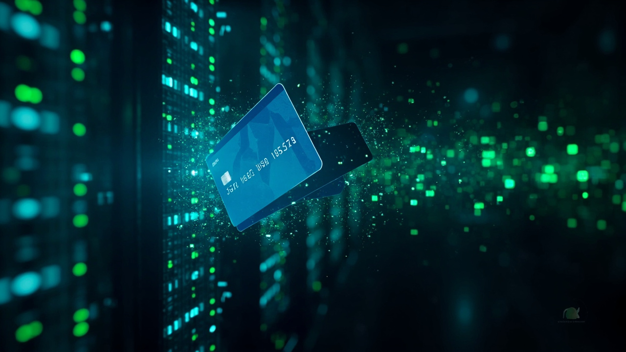 Imagen generada por IA con el prompt: Abstract digital illustration of a credit card fragmenting into glowing data packets inside a server rack, dark blue and neon green tones, cybersecurity aesthetic, no logos or faces.