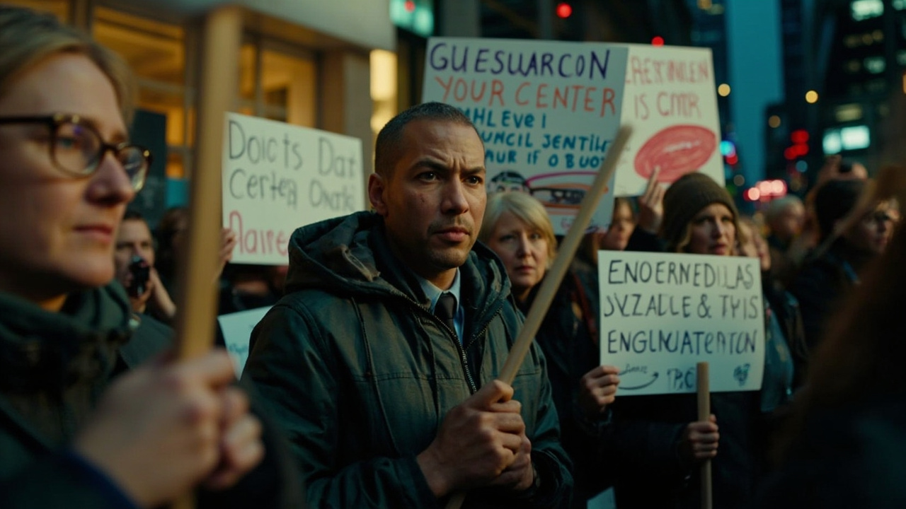 Imagen generada por IA con el prompt: A group of Amazon employees protesting outside a Seattle city council meeting, holding signs demanding regulations on data center construction and highlighting environmental concerns.