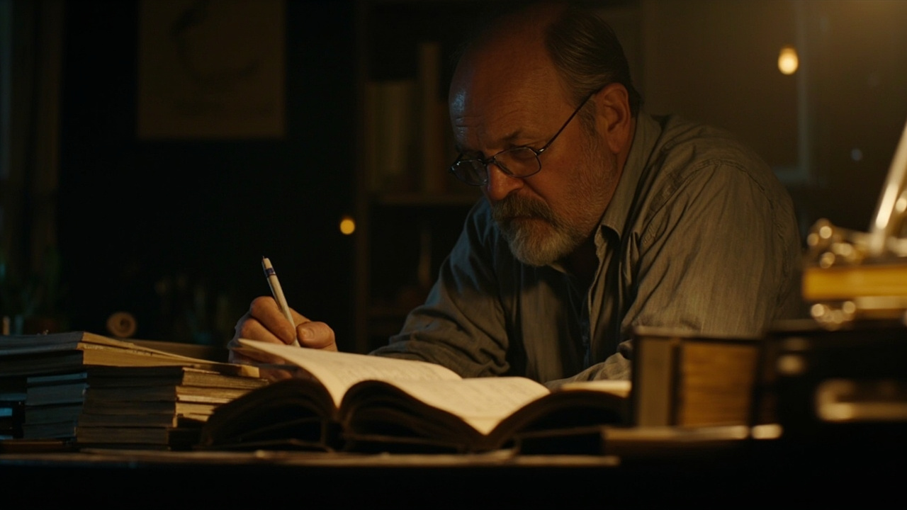 Imagen generada por IA con el prompt: A middle-aged bearded man with glasses reading at a desk stacked with open books and manuscript pages, warm lamplight in a cozy apartment, cinematic editorial photography style