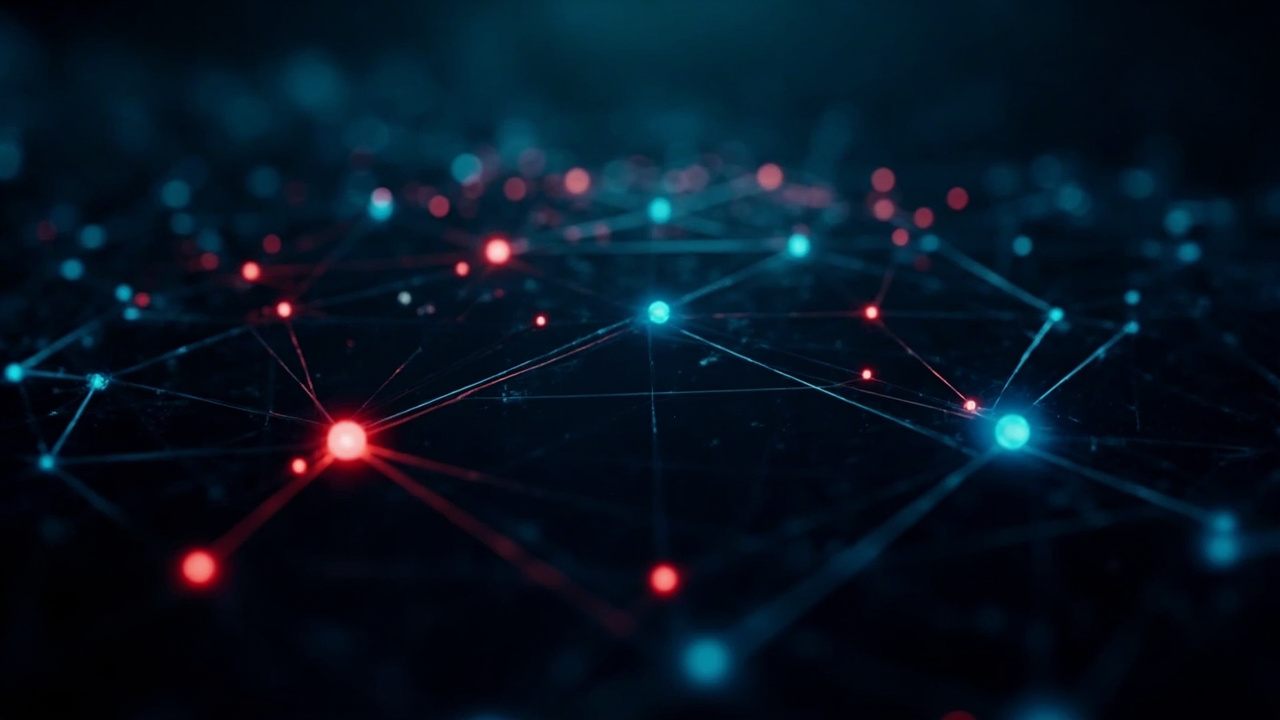 Imagen generada por IA con el prompt: Abstract network diagram with interconnected nodes representing autonomous systems, some paths glowing red to indicate forged routes, dark blue background, technical editorial illustration style.