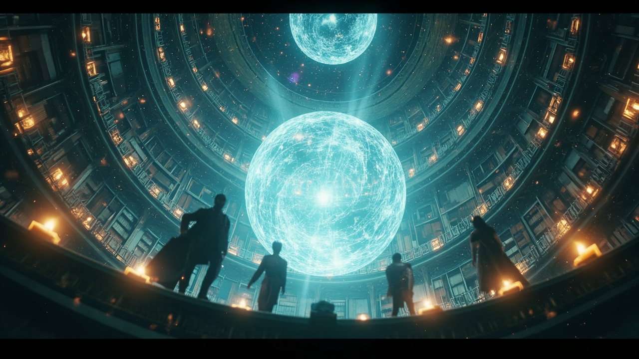 Imagen generada por IA con el prompt: A grand circular library of light, antique books floating around a glowing central sphere, silhouettes of historical figures rendered in soft holographic blue, warm candlelight and stardust, editorial digital illustratio