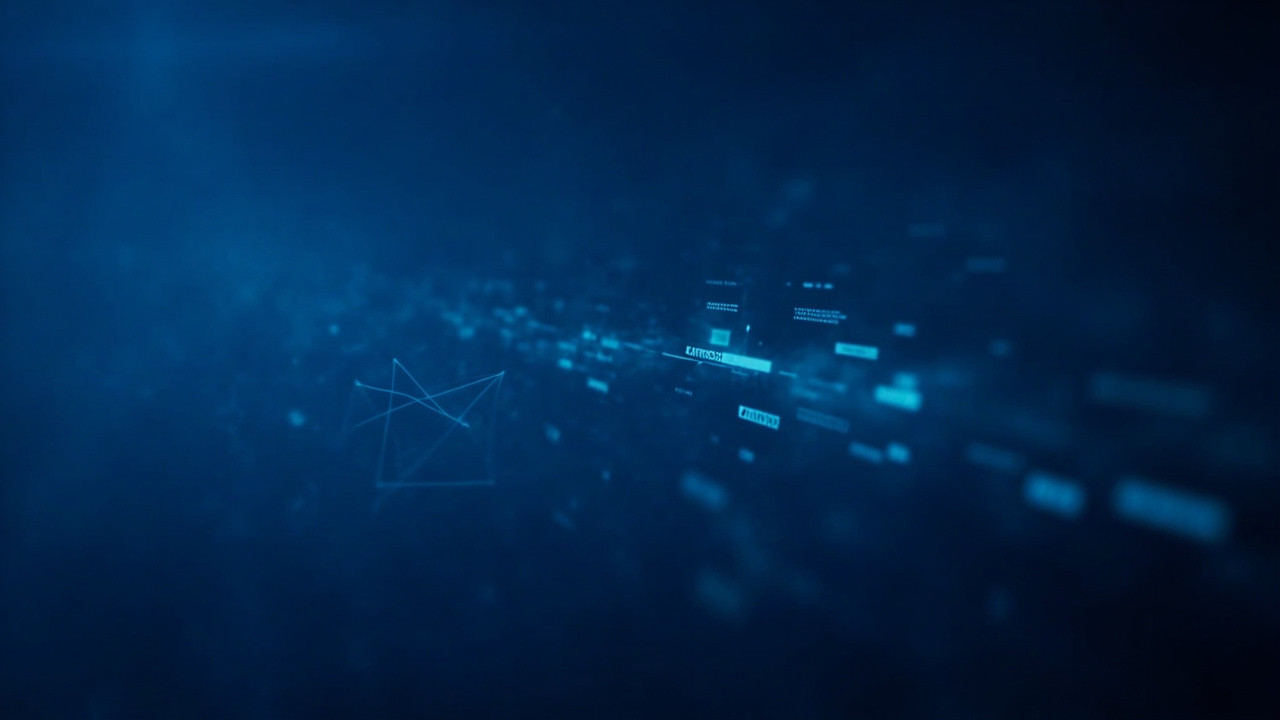 Imagen generada por IA con el prompt: Editorial illustration of abstract code lines with type system symbols, geometric shapes representing sets and unions merging, blue gradient background, modern minimalist tech style