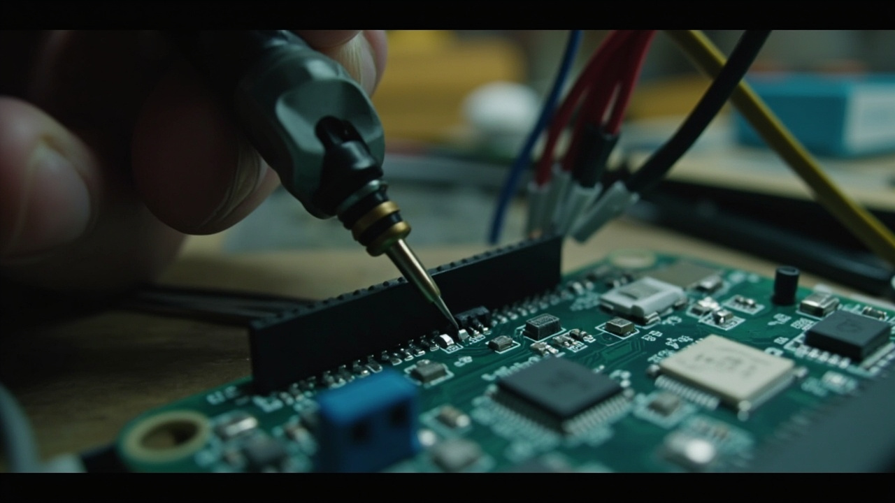 Imagen generada por IA con el prompt: Close-up of a Pinecil soldering iron connected to a J-Link debug probe via a breakout board and jumper wires on a workbench, electronics debugging setup, macro shot.