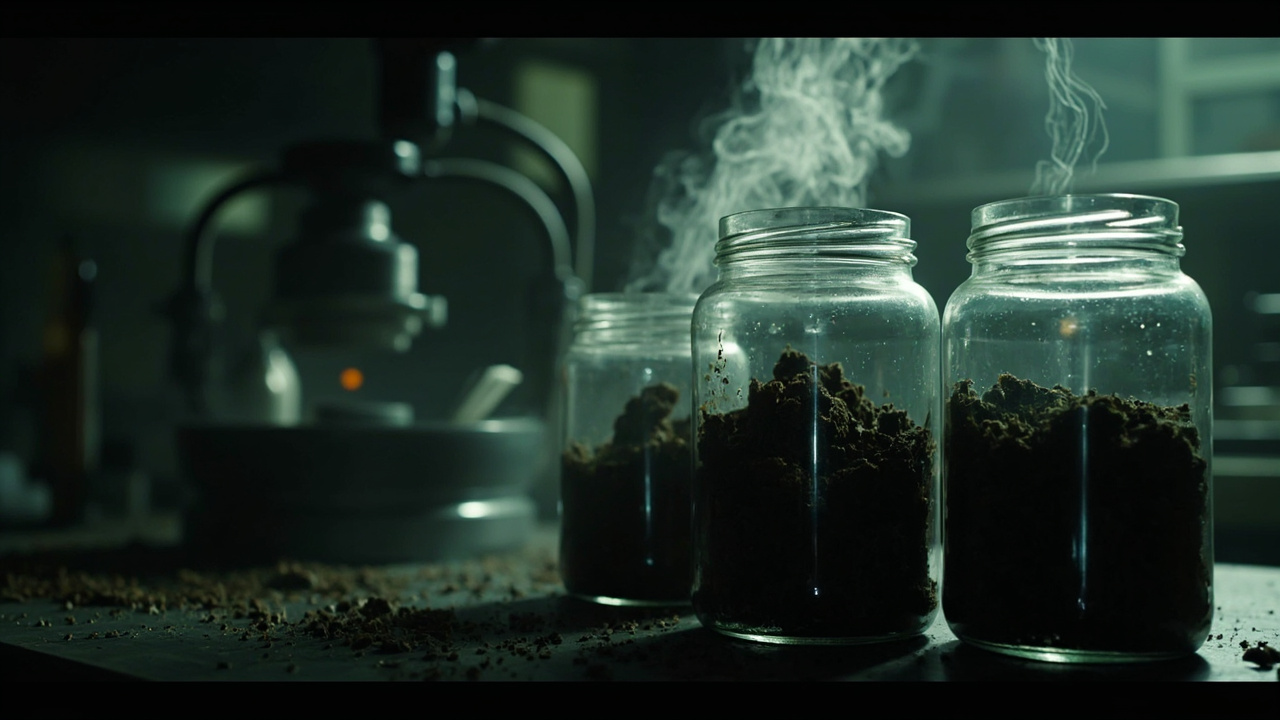 Imagen generada por IA con el prompt: Sealed glass jars containing irradiated soil in a dim laboratory, faint wisps of vapor rising, electron microscope in the background, earthy and muted tones, moody scientific atmosphere