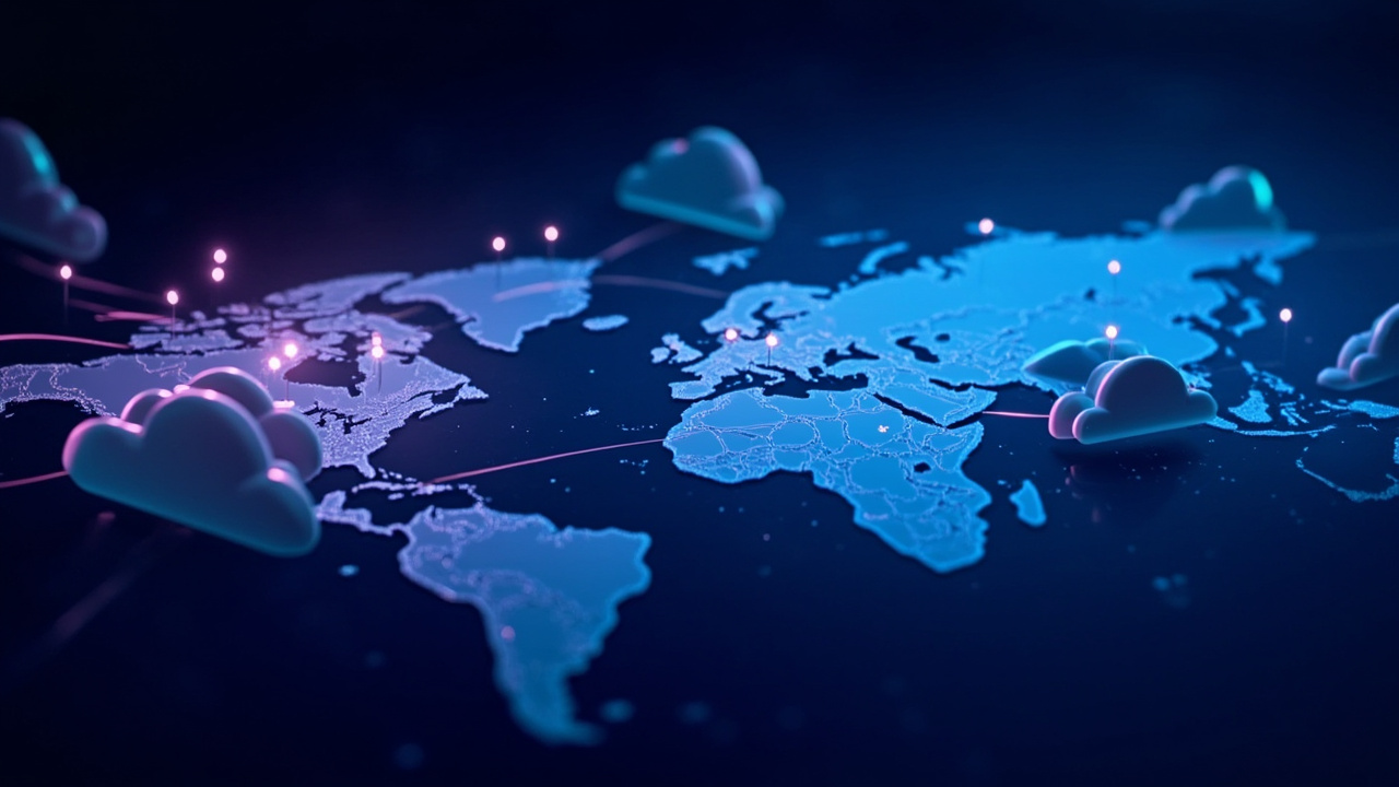 Imagen generada por IA con el prompt: Editorial illustration of a cloud authentication system: two connected server regions on a world map, data streams syncing between them, glowing nodes representing users, blue and purple tones, clean tech aesthetic.