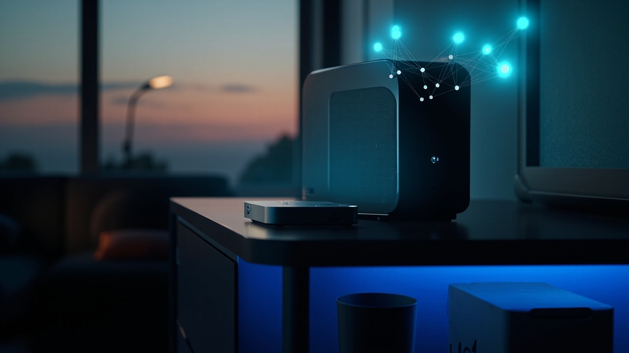 Imagen generada por IA con el prompt: Modern living room at dusk, a sleek streaming box and smart speaker on a wooden shelf, soft blue LED glow, mesh network nodes subtly visualized as floating light dots, minimal editorial style.