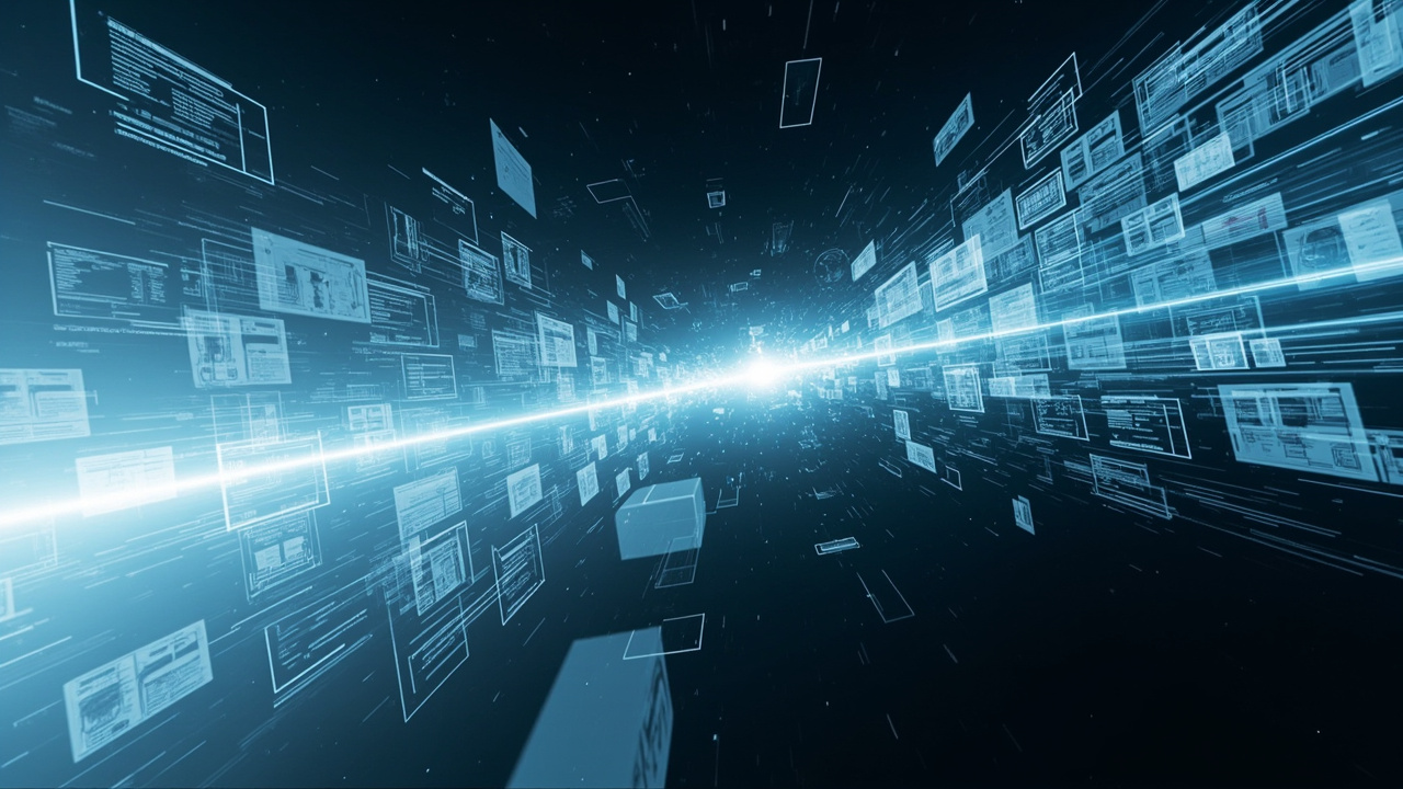 Imagen generada por IA con el prompt: Abstract editorial illustration of a RAG pipeline: a document with screenshots, diagrams, and tables on the left flowing into a vision model and emerging as text caption fragments on the right, modern tech style, soft bl