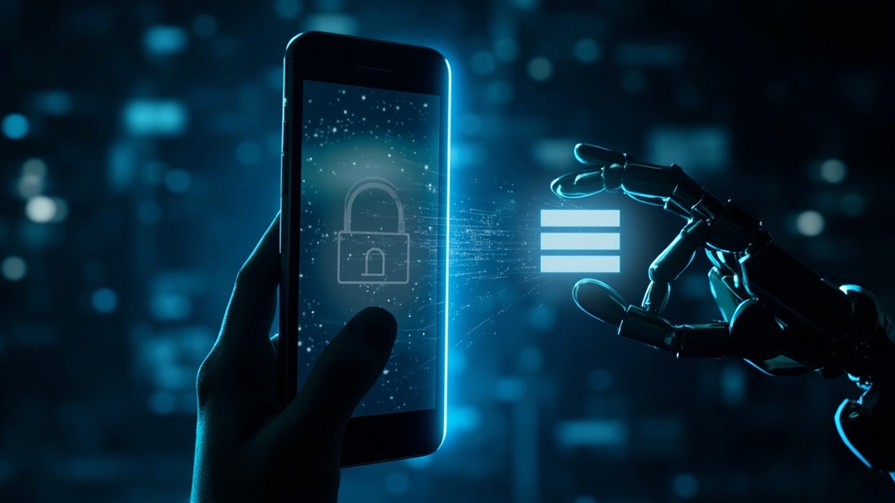 Imagen generada por IA con el prompt: A split-screen digital illustration: left side a smartphone showing a book review interface with a padlock icon, right side a glowing database symbol with a robotic hand reaching for it, abstract tech background.