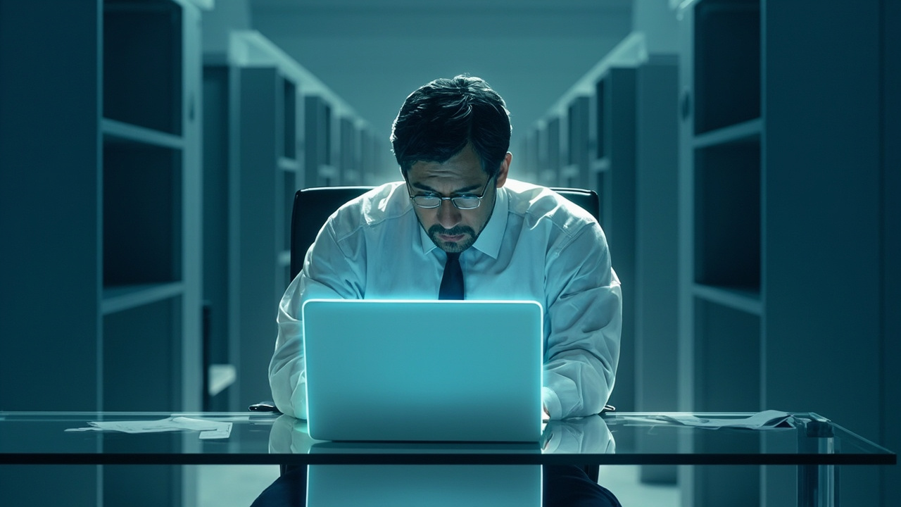 Imagen generada por IA con el prompt: Editorial illustration of a stressed executive at a glass desk staring at a glowing laptop, surrounded by empty office cubicles, cool blue and gray tones, minimalist style, no faces or logos