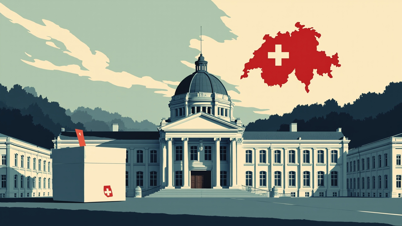 Imagen generada por IA con el prompt: Editorial illustration of the Swiss Parliament building in Bern with a ballot box in the foreground, subtle map of Switzerland in the background, muted blue and red tones, flat design style.
