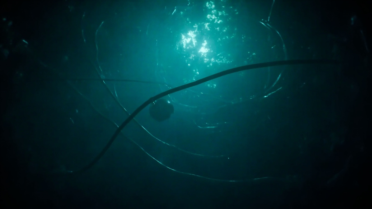 Imagen generada por IA con el prompt: Abstract underwater scene, cables glowing faintly in the darkness, stylized, dark blue and teal color palette, cinematic lighting, no visible faces or text.