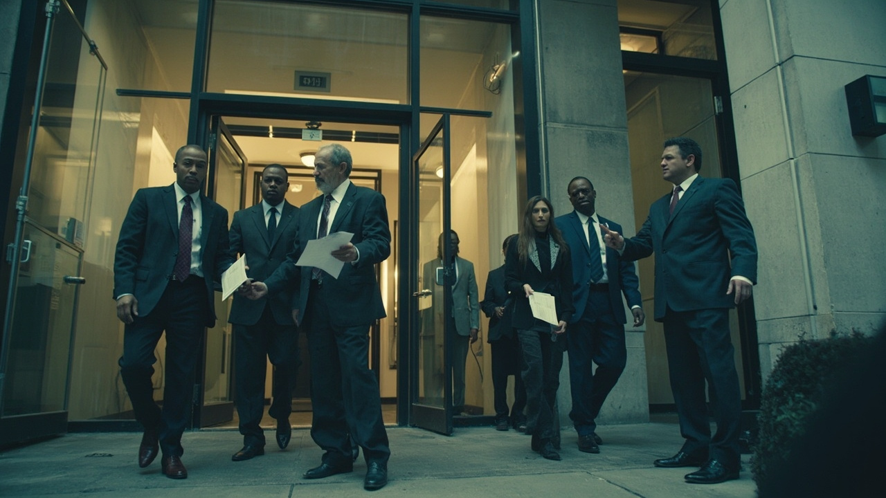 Imagen generada por IA con el prompt: Editorial illustration of five people in business attire holding printed papers outside a modern glass conference center, two security guards gesturing toward an exit, daylight in New Orleans, muted color palette, no rec