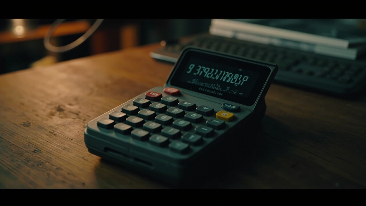 Imagen generada por IA con el prompt: Retro dark gray scientific calculator on a wooden desk, 7-segment LCD display showing binary digits, warm natural lighting, programmer's desk setting, shallow depth of field