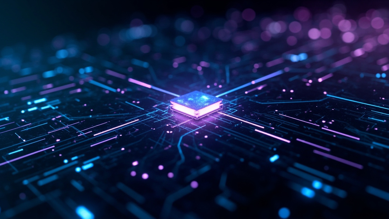 Imagen generada por IA con el prompt: Abstract dark tech illustration: a glowing parent process node branching into new pristine child processes, soft blue and purple neon lines, terminal code fragments floating in background, futuristic kernel visualization