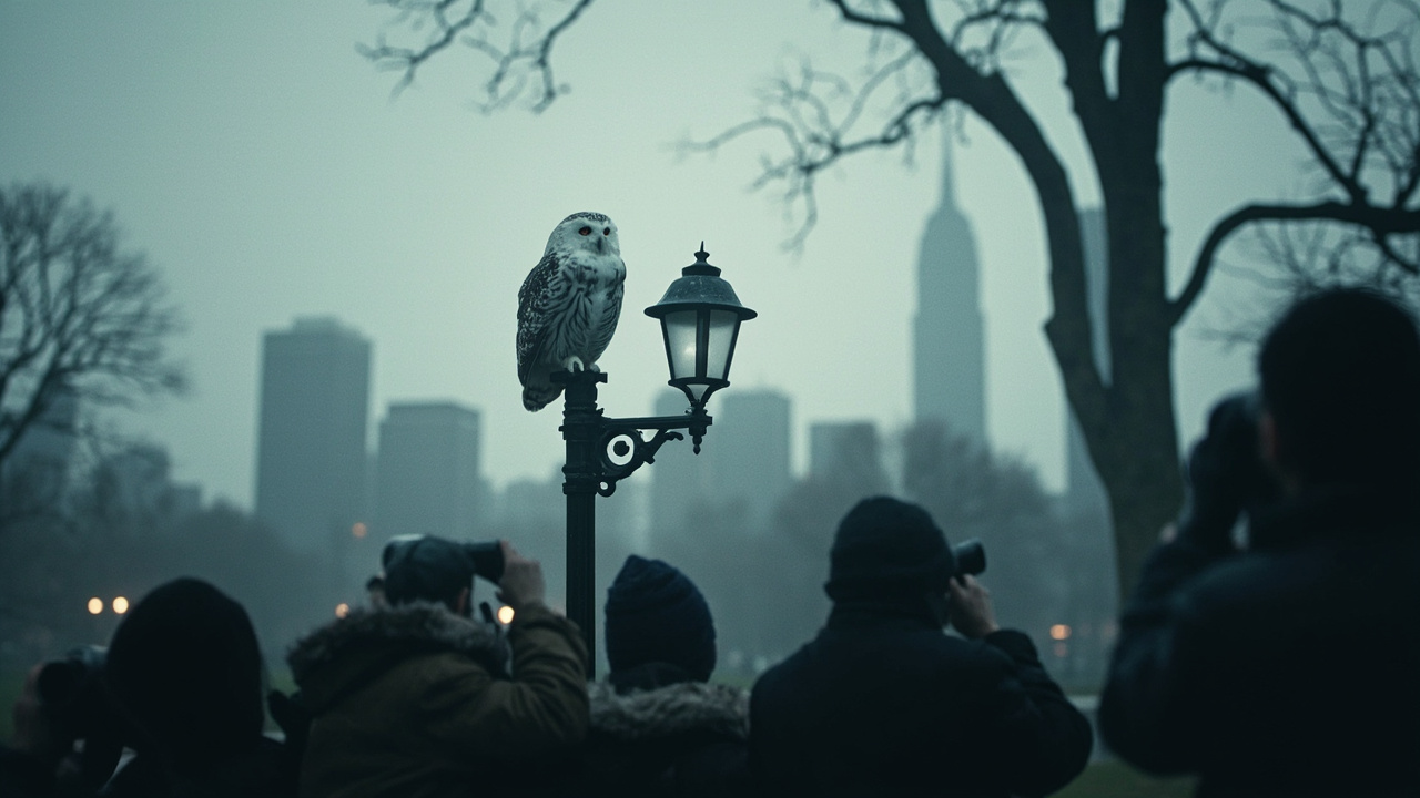 Imagen generada por IA con el prompt: A snowy owl perched on a wrought iron lamppost in Central Park, with distant Manhattan skyscrapers shrouded in gray winter mist. Silhouetted birdwatchers with binoculars gather below, no faces visible. Moody, photorealis
