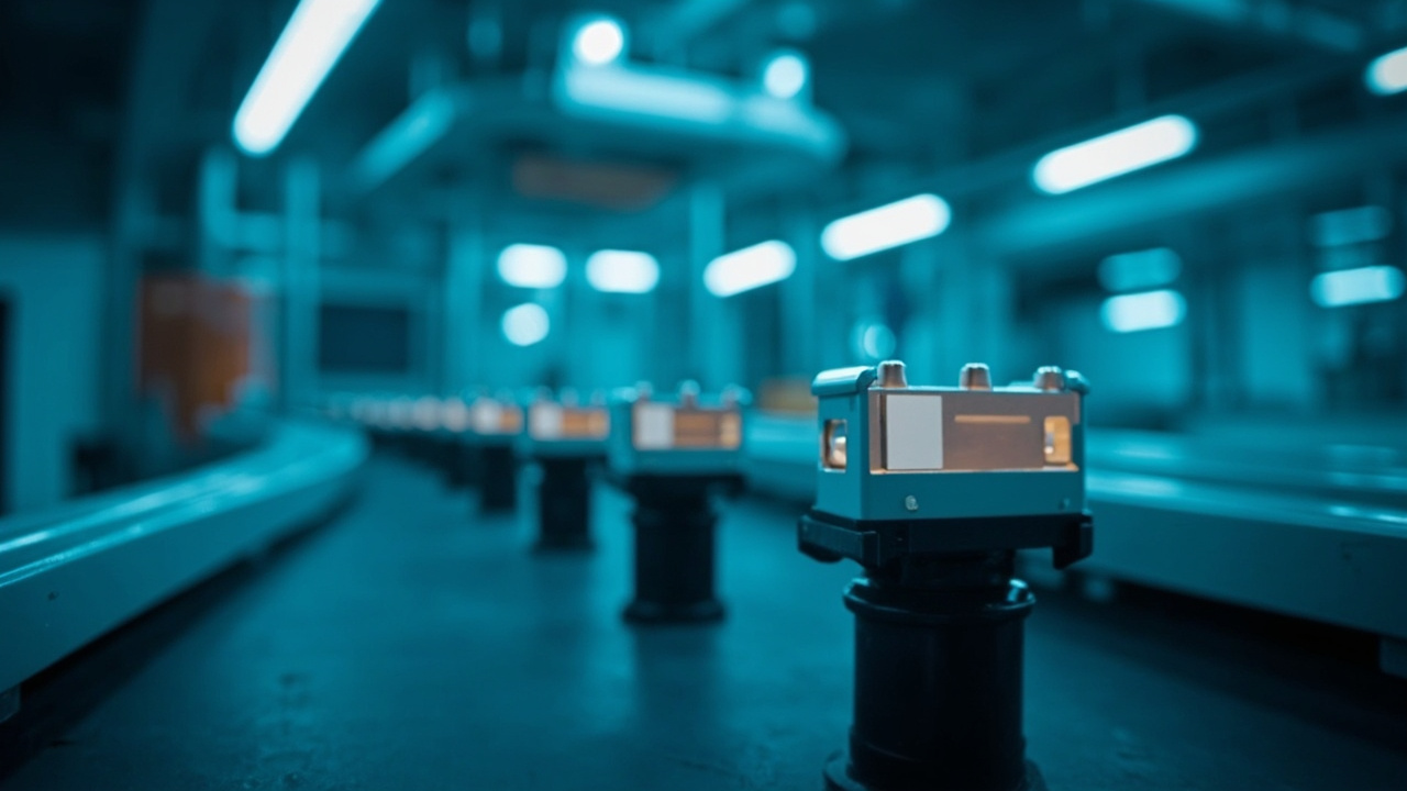 Imagen generada por IA con el prompt: Close-up of cylindrical sodium-ion battery cells on a conveyor belt in a modern factory, blue ambient lighting, clean industrial atmosphere, no text or logos