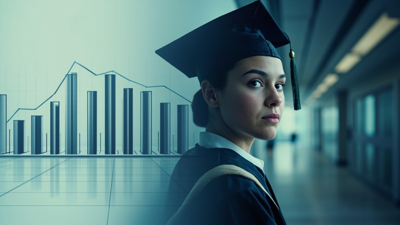 Imagen generada por IA con el prompt: Editorial split illustration: a young graduate in cap and gown on one side, an empty office hallway on the other, with a downward-trending bar chart in muted blue and gray tones, conceptual data-journalism style.