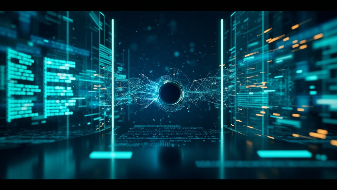 Imagen generada por IA con el prompt: Editorial illustration of a stylized computer vision library workspace: glowing code panels, a neural network graph transforming into a camera lens, geometric shapes, and abstract data streams in blue and teal tones, mod