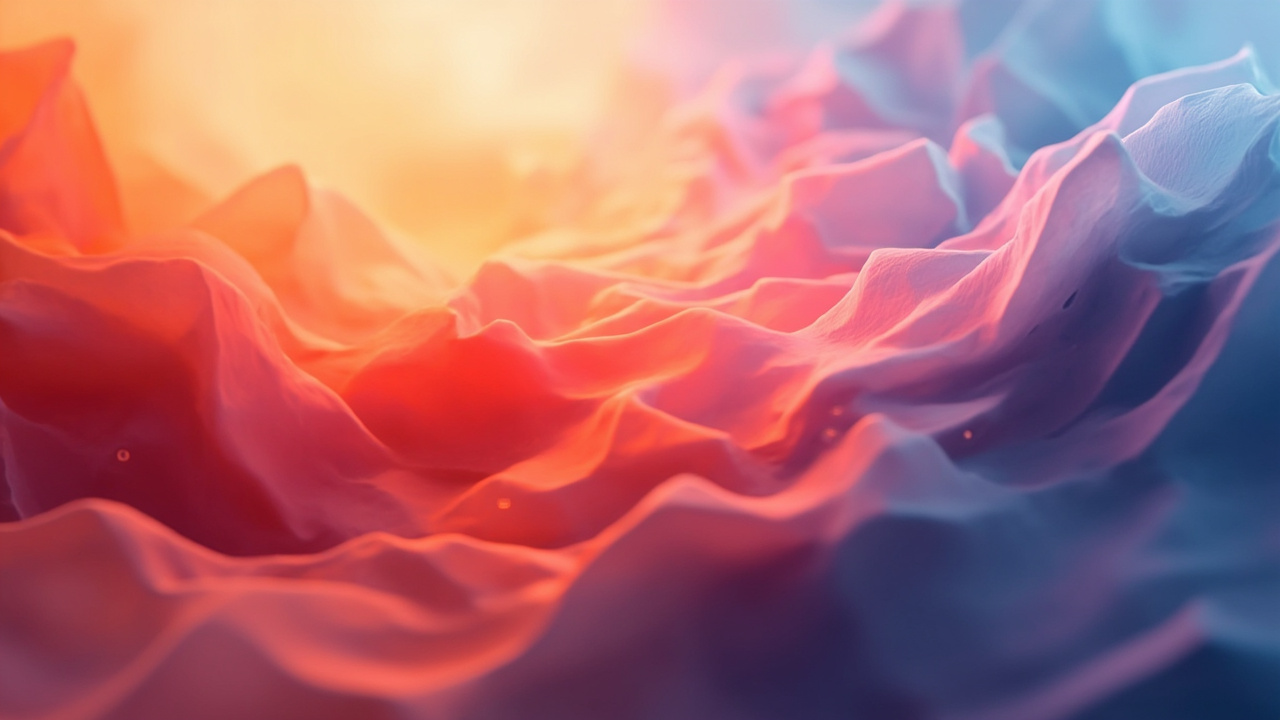 Imagen generada por IA con el prompt: Abstract generative art composition with smooth flowing colour gradients, vibrant continuous palette transitioning through warm and cool tones, layered organic shapes, soft light, no text or faces