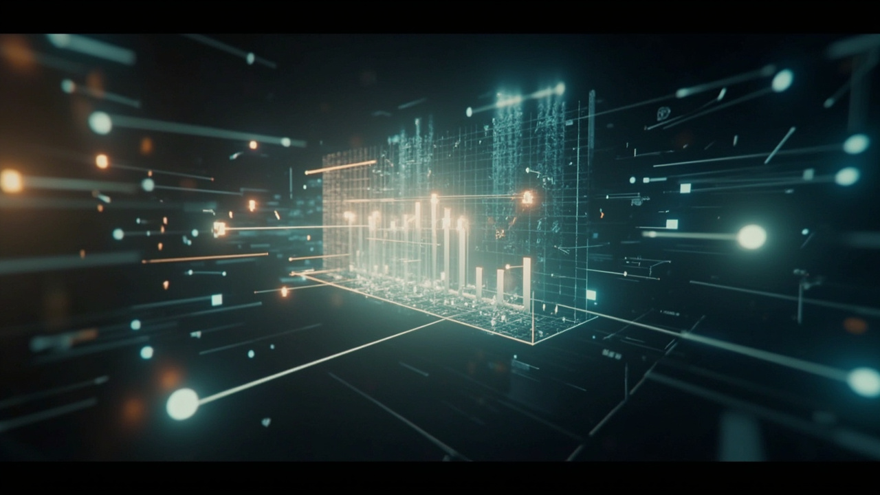 Imagen generada por IA con el prompt: Cinematic scene of a glowing 3D mathematical graph unfolding from a floating text prompt, with translucent agent pathways and geometric shapes orbiting around, abstract digital art style, no faces, no text.