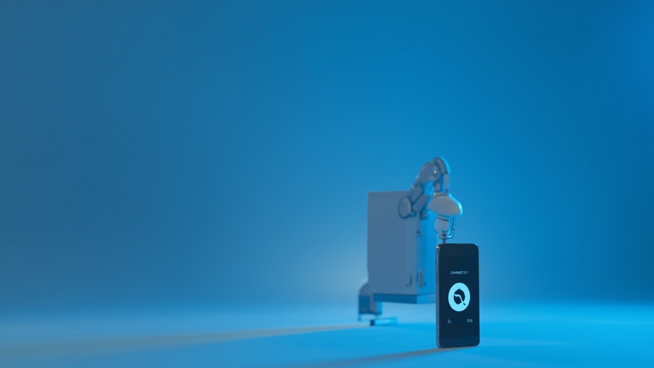 Imagen generada por IA con el prompt: Minimalist editorial illustration: a smartphone screen showing ChatGPT interface with a small robot arm reaching out to a distant Windows desktop monitor; clean office desk background, soft blue lighting, no faces or log