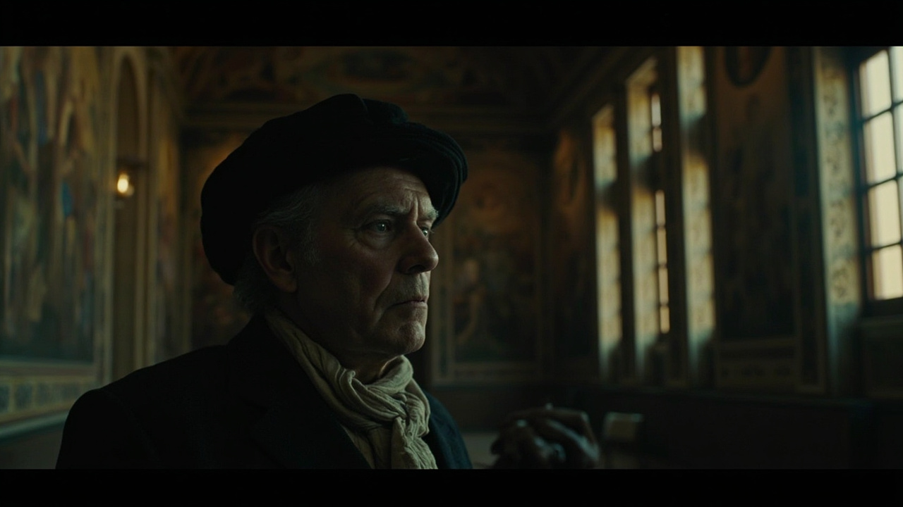Imagen generada por IA con el prompt: A contemplative scholar studying Renaissance frescoes in a dim Italian palace hall, soft light filtering through tall windows, oil painting aesthetic, muted tones