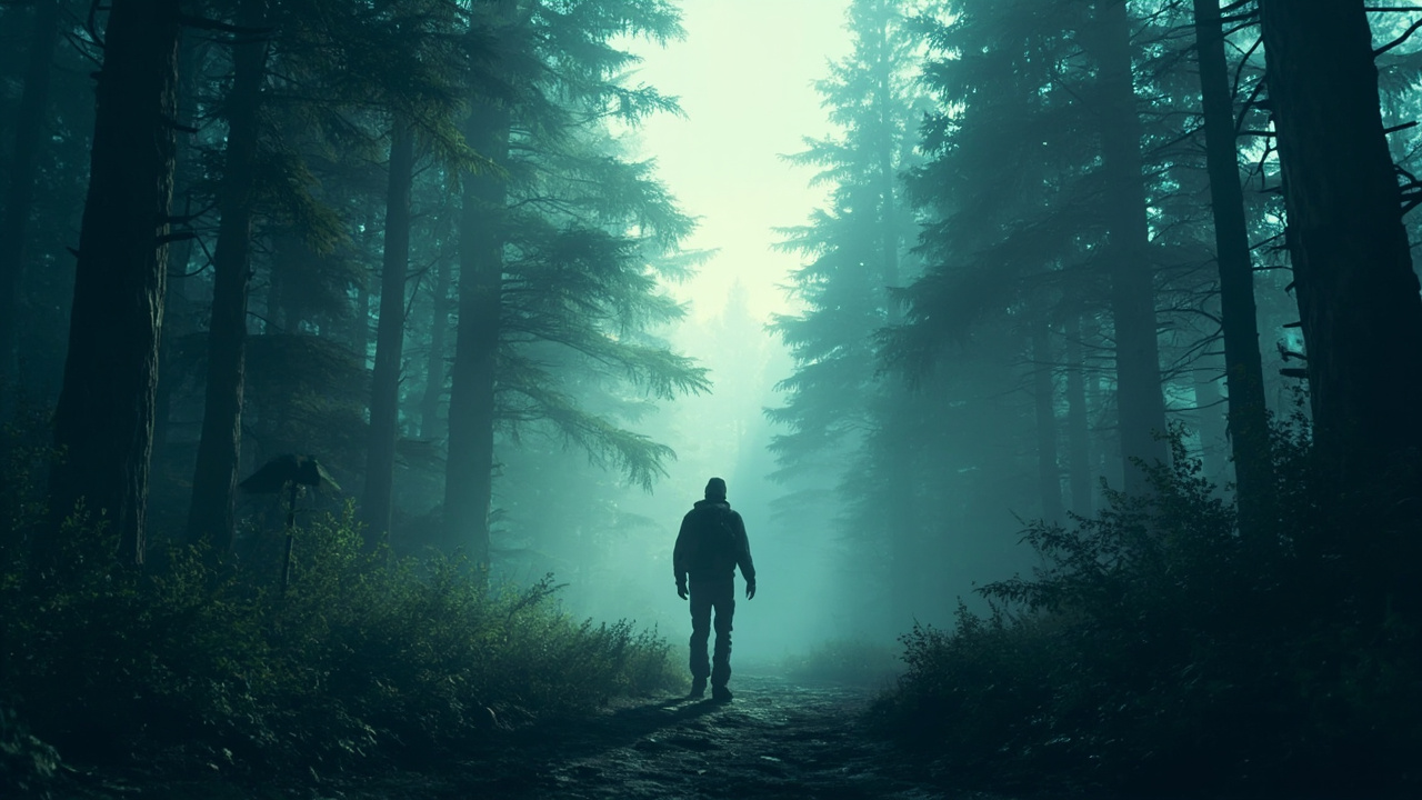 Imagen generada por IA con el prompt: A lone hiker standing at a trailhead leading into a dense, misty forest with no visible path ahead, symbolizing an uncharted and challenging first journey, editorial illustration style