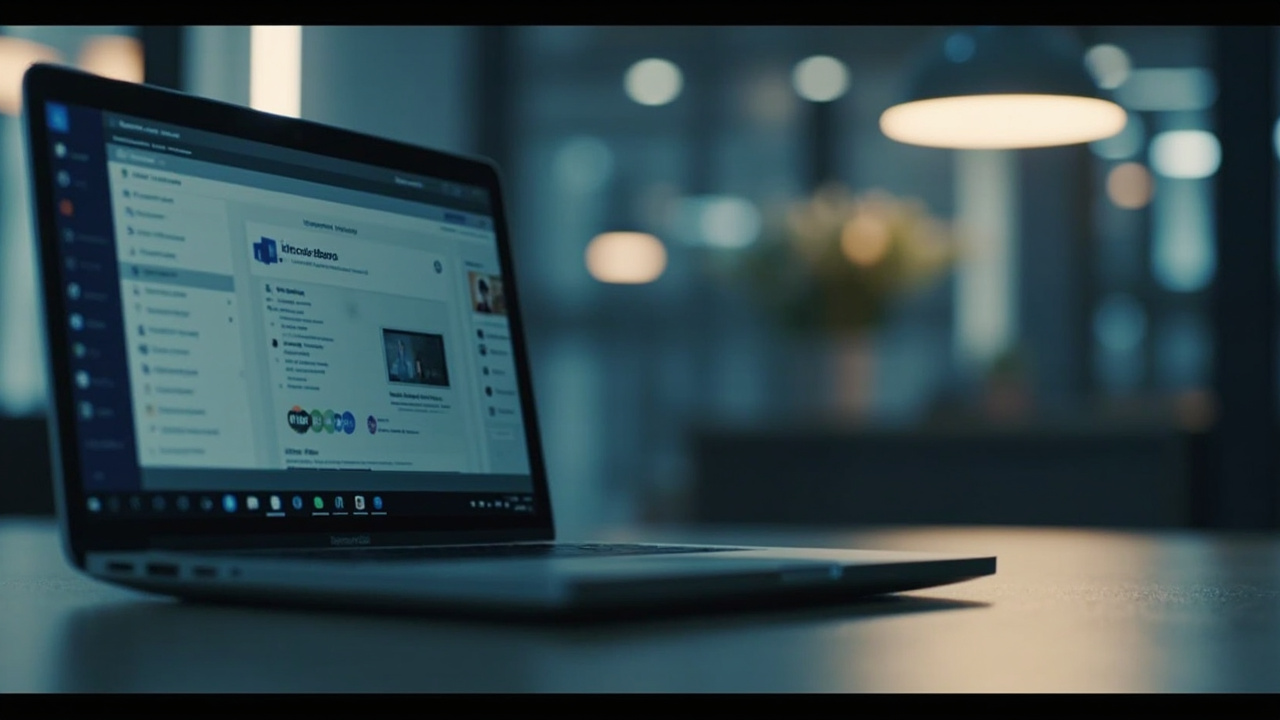 Imagen generada por IA con el prompt: Modern office environment, blurred background, focus on a laptop screen displaying a Microsoft Teams interface, minimalist style, professional atmosphere.