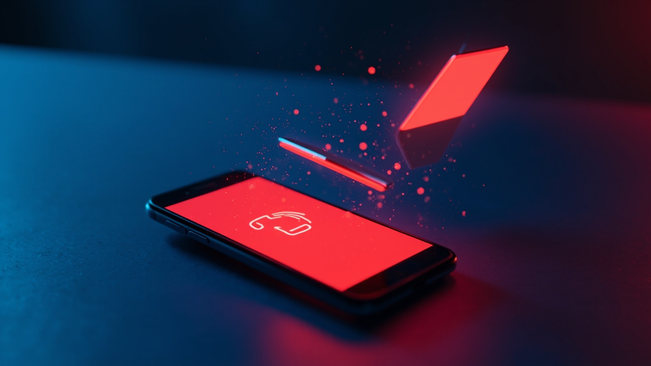 Imagen generada por IA con el prompt: Smartphone on a desk displaying a red scam-call warning screen, with two floating phones connected by glowing digital handshake signals, flat editorial illustration, blue and red palette