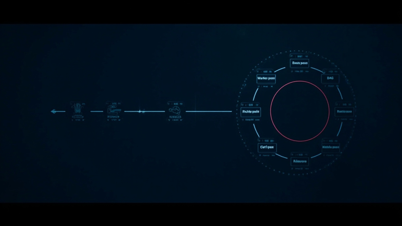 Imagen generada por IA con el prompt: Editorial illustration contrasting a linear DAG pipeline on the left and a circular crawler cycle on the right, with worker pool nodes, frontier queue boxes and connecting arrows. Dark navy background, minimal line art w