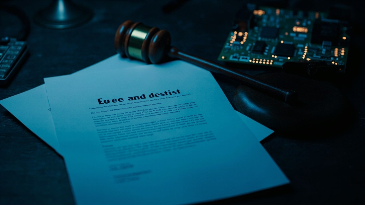 Imagen generada por IA con el prompt: Legal cease-and-desist letter on a dark desk beside a glowing circuit board and a wooden gavel, dramatic editorial lighting, muted blue tones, photojournalistic style