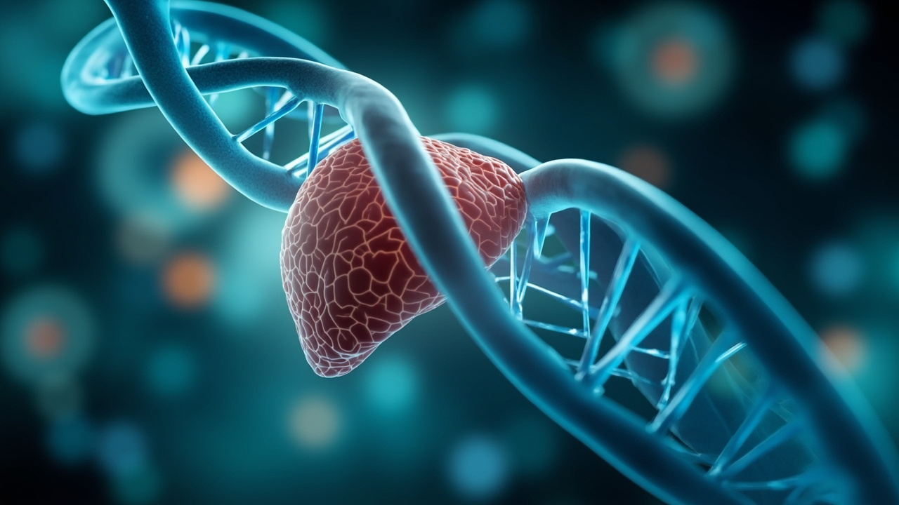 Imagen generada por IA con el prompt: Editorial medical illustration: glowing blue DNA helix intertwined with a stylized human liver, soft amber and teal tones, clean scientific aesthetic, shallow depth of field with blurred laboratory background
