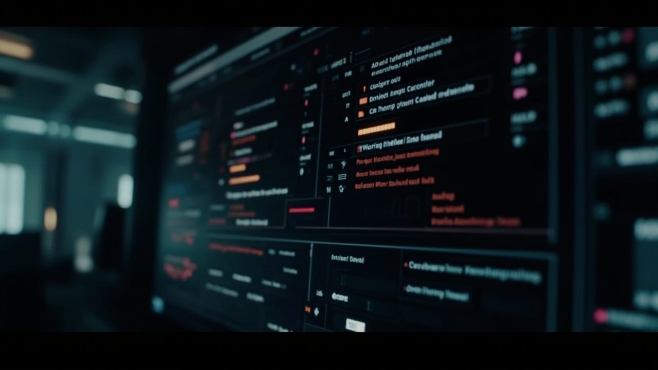 Imagen generada por IA con el prompt: Dark-themed status dashboard on a computer screen with amber and red warning indicators across service tiles, soft glow, control room atmosphere, no logos, no text.