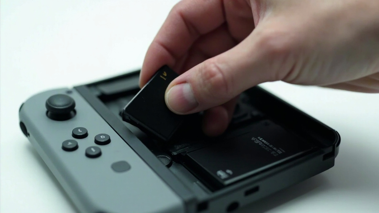 Imagen generada por IA con el prompt: A Nintendo Switch 2 console with its back cover removed, revealing the battery. A hand is gently pulling the battery out. Clean product photography, bright lighting, no text or logos.