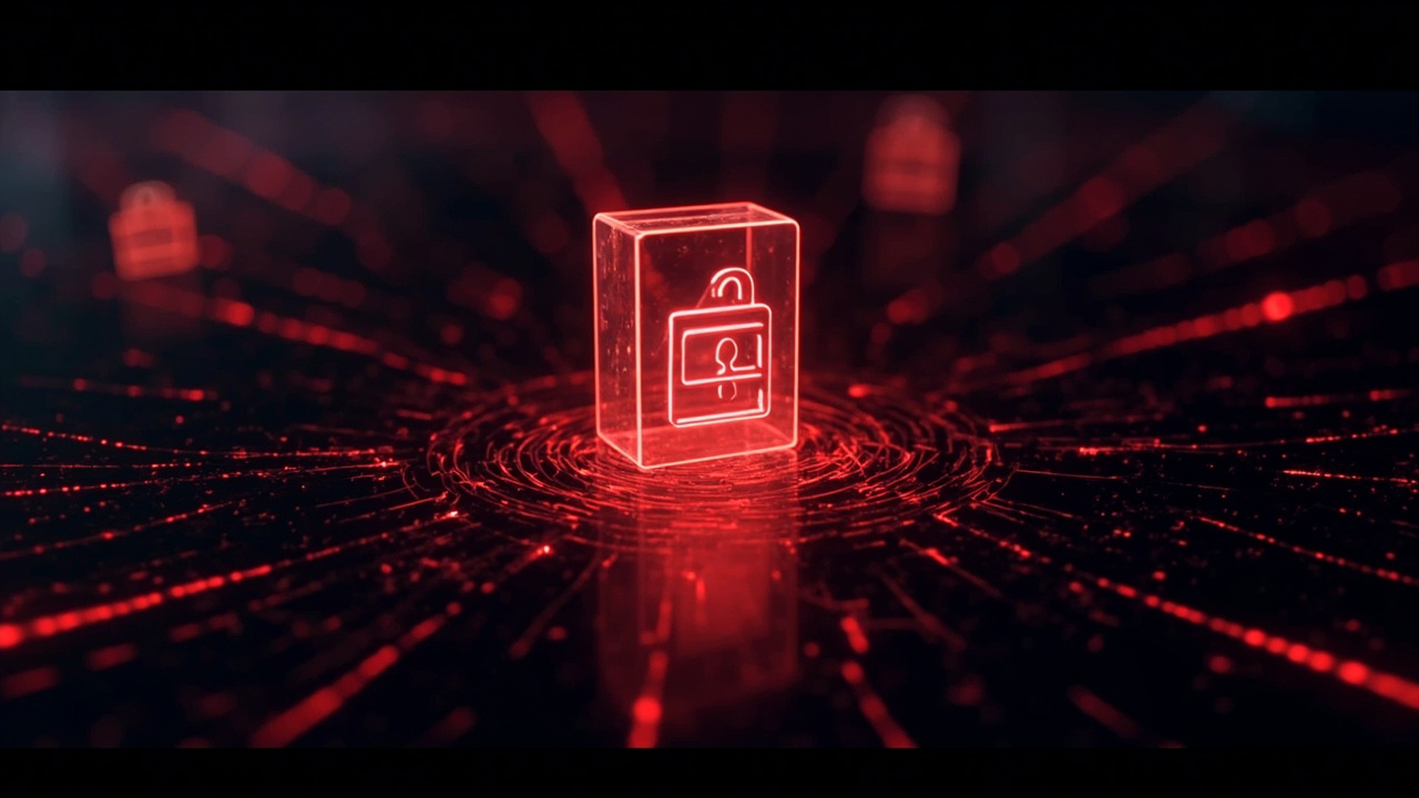 Imagen generada por IA con el prompt: Editorial digital illustration of a glowing package icon on a dark terminal screen, with red code streams and broken lock symbols, conveying a cybersecurity supply chain attack concept.