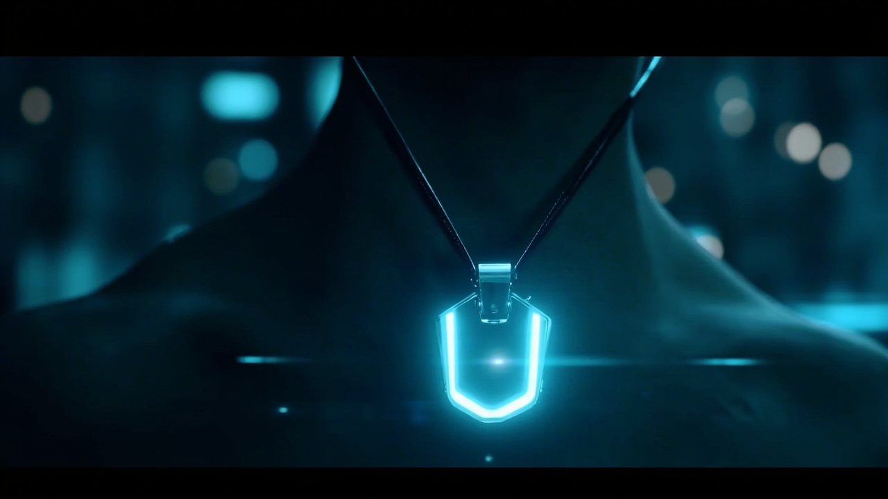 Imagen generada por IA con el prompt: A sleek futuristic AI pendant on a necklace, glowing blue light, minimalist design, abstract tech background, editorial illustration style, no faces or logos.