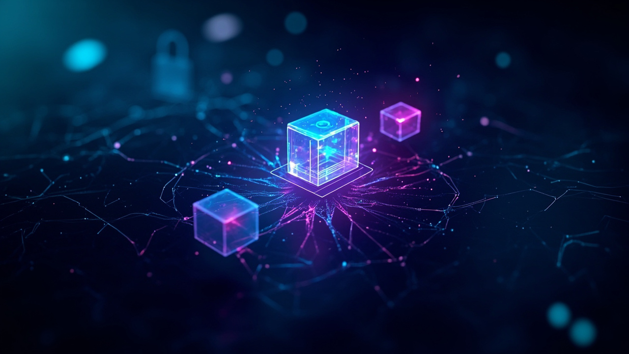 Imagen generada por IA con el prompt: Dark tech-noir illustration of glowing cyan and purple encrypted data blocks floating above a neural network diagram, with binary code streams and a faint padlock silhouette in the background.