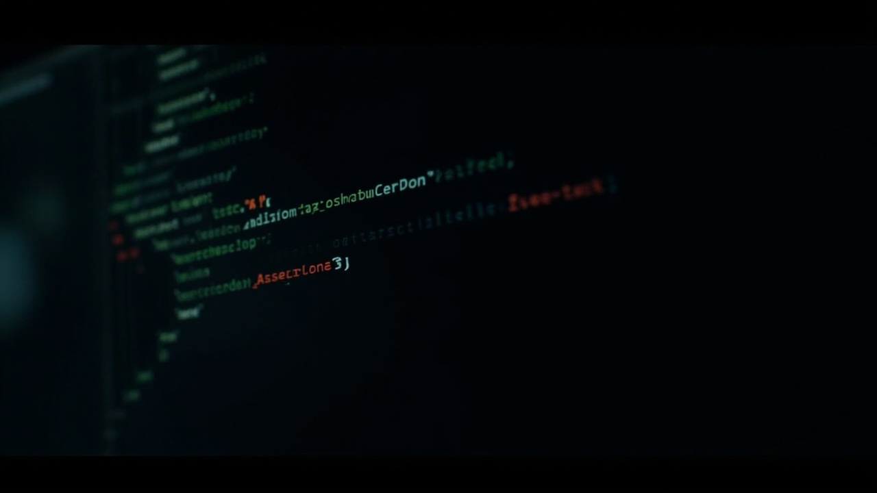 Imagen generada por IA con el prompt: Code editor screen with a highlighted assert line and a red warning symbol, dark technical minimal style, no real faces or brand logos