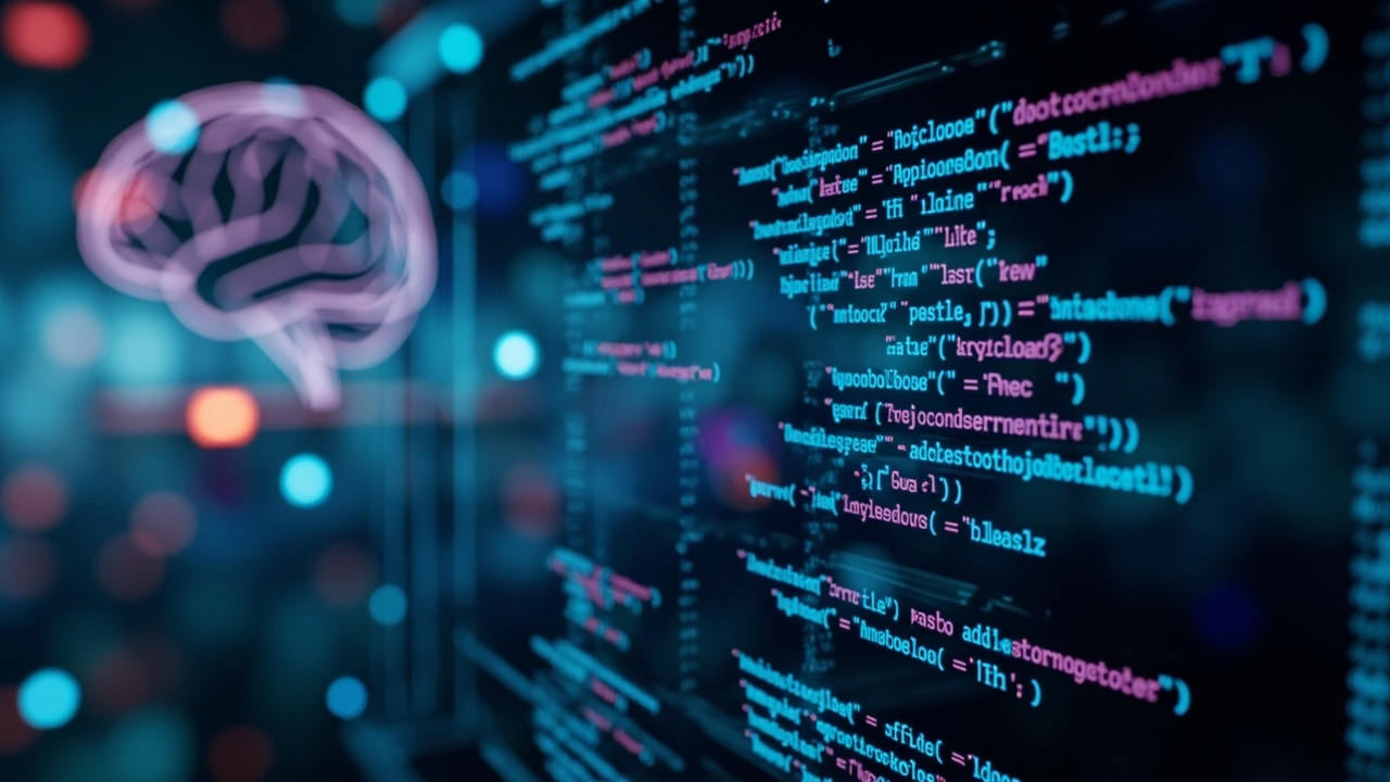 Imagen generada por IA con el prompt: A futuristic holographic screen showing lines of code in Python, Rust, and Go, with an AI brain symbol in the background, digital art style, bright neon colors, no text or faces.