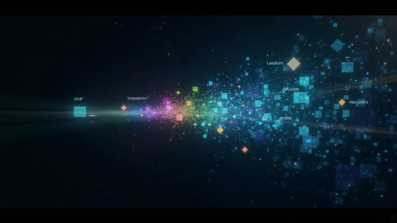 Imagen generada por IA con el prompt: Abstract visualization of compiler inlining: small function blocks (colored squares) merging into larger blocks, with decision nodes (diamonds) labeled 'size?', 'frequency?', 'profile?', set in a digital dark background 