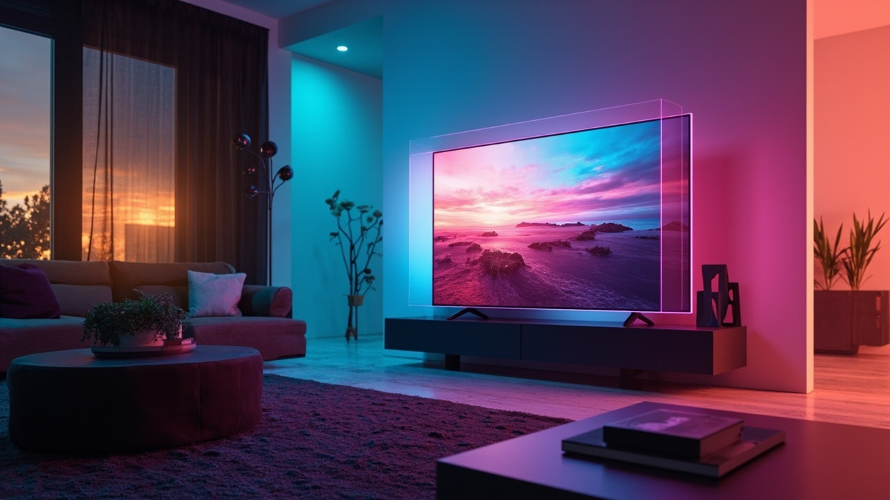 Imagen generada por IA con el prompt: A sleek modern large-screen TV with ultra-thin bezels in a contemporary living room, displaying a vibrant colorful scene, soft ambient lighting, minimalist editorial product photography style, no text or logos