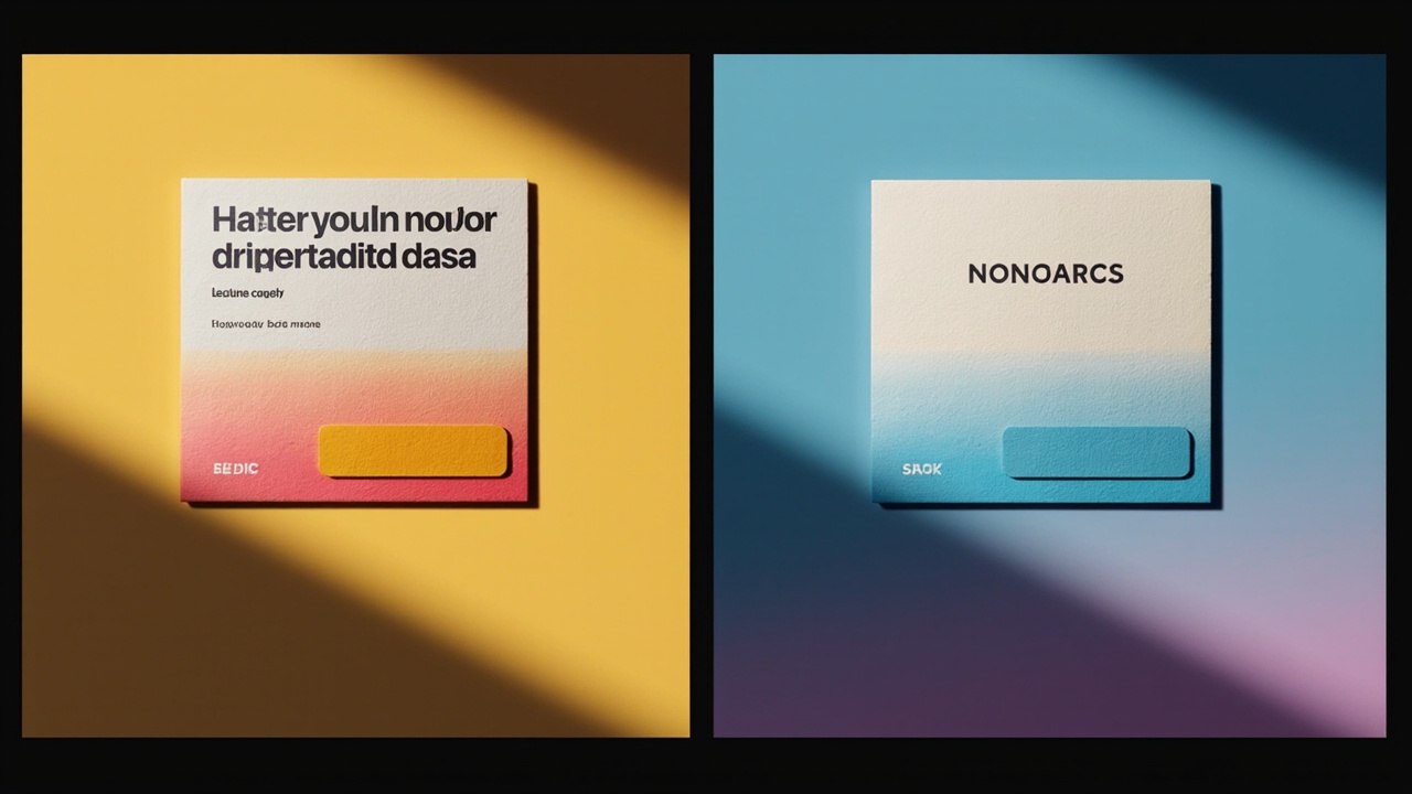 Imagen generada por IA con el prompt: A split-screen UI showing a colorful card with a button; left side has low contrast text, right side has the same card with contrast-color() applied, showing black or white text that adapts to the background color. Clean