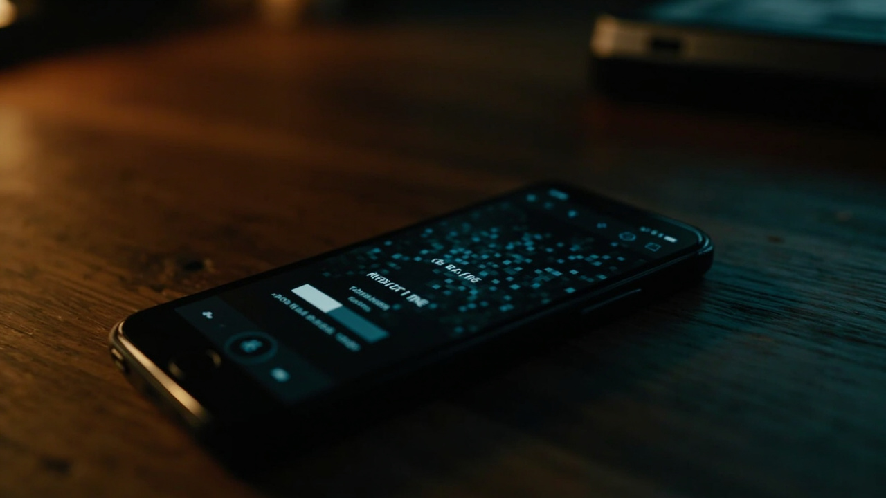 Imagen generada por IA con el prompt: A smartphone resting on a wooden desk showing a pixelated, low-quality video feed with a loading spinner on screen, dim warm lighting, shallow depth of field, editorial photography, contemplative mood.