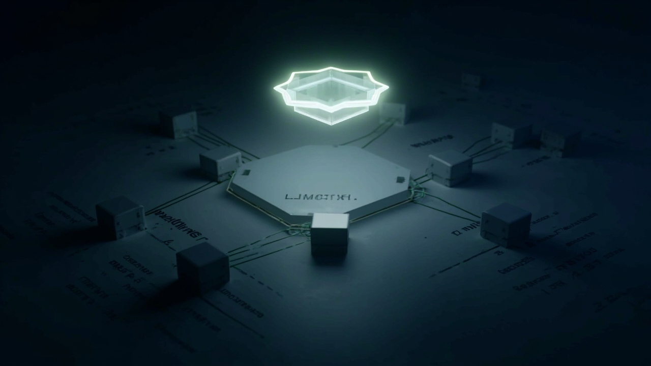 Imagen generada por IA con el prompt: Minimalist editorial illustration: a glowing hexagonal container hovering above a Linux kernel schematic, surrounded by orbiting cgroup and namespace nodes, Nix closure blocks assembling the rootfs, clean technical style