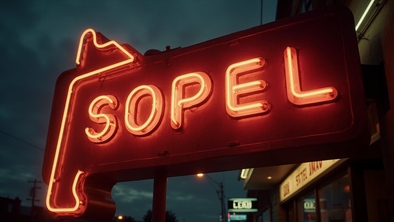 Imagen generada por IA con el prompt: A vintage illuminated vacuum-formed plastic sign glowing at dusk on a quiet American main street, rounded edges, embossed letters, warm neon halo, retro Americana mood