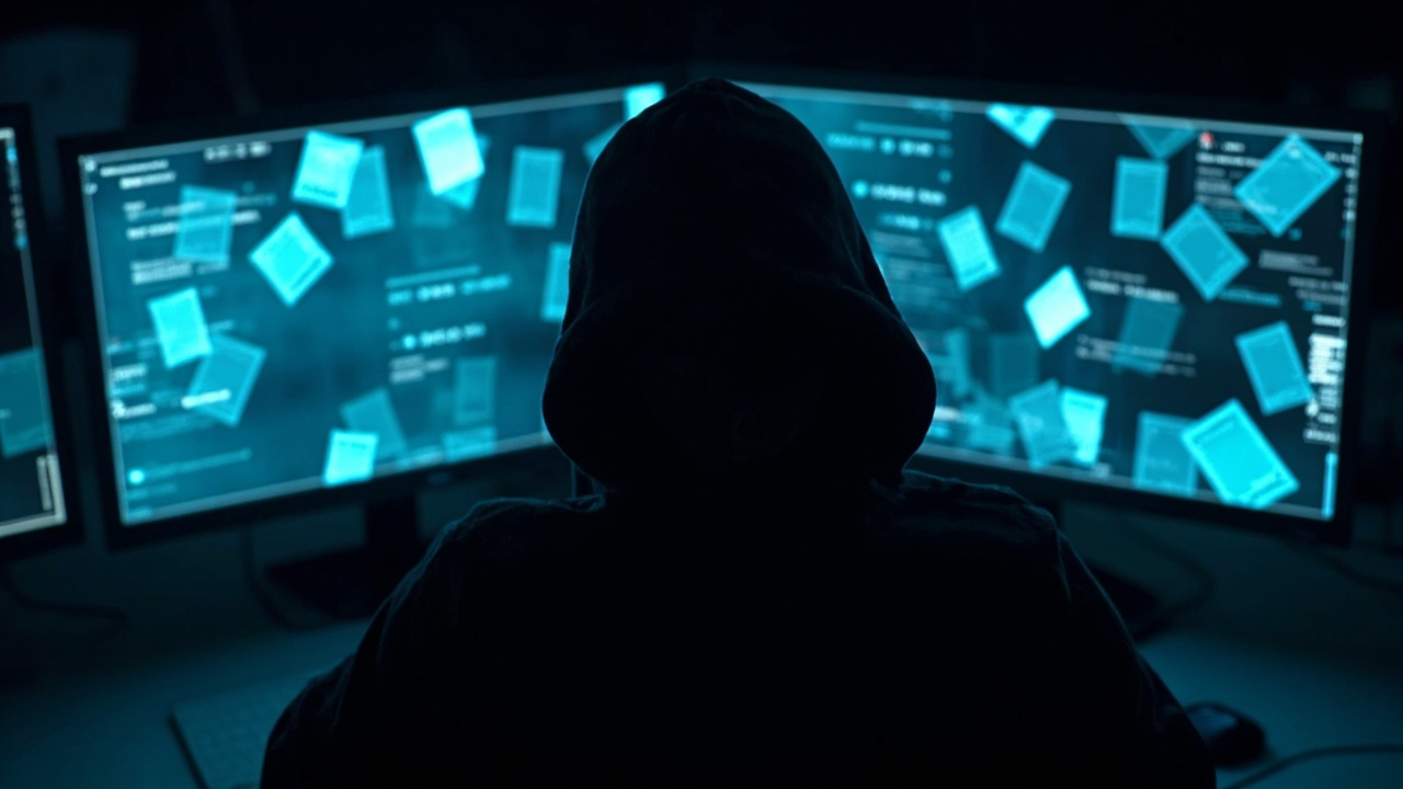 Imagen generada por IA con el prompt: Anonymous hacker silhouette in dark hoodie sitting before glowing computer screens displaying passport documents and personal data scattered across the interface, dark cybersecurity atmosphere, dramatic blue lighting