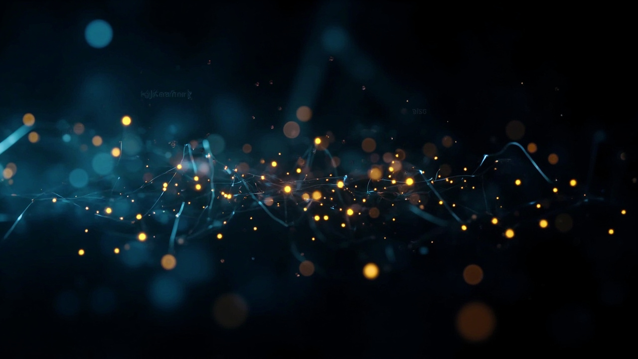 Imagen generada por IA con el prompt: Abstract neural network nodes connected by glowing filaments, mathematical symbols emerging from within, dark editorial background with cool blue and warm amber accents, minimalist composition suggesting internal computa