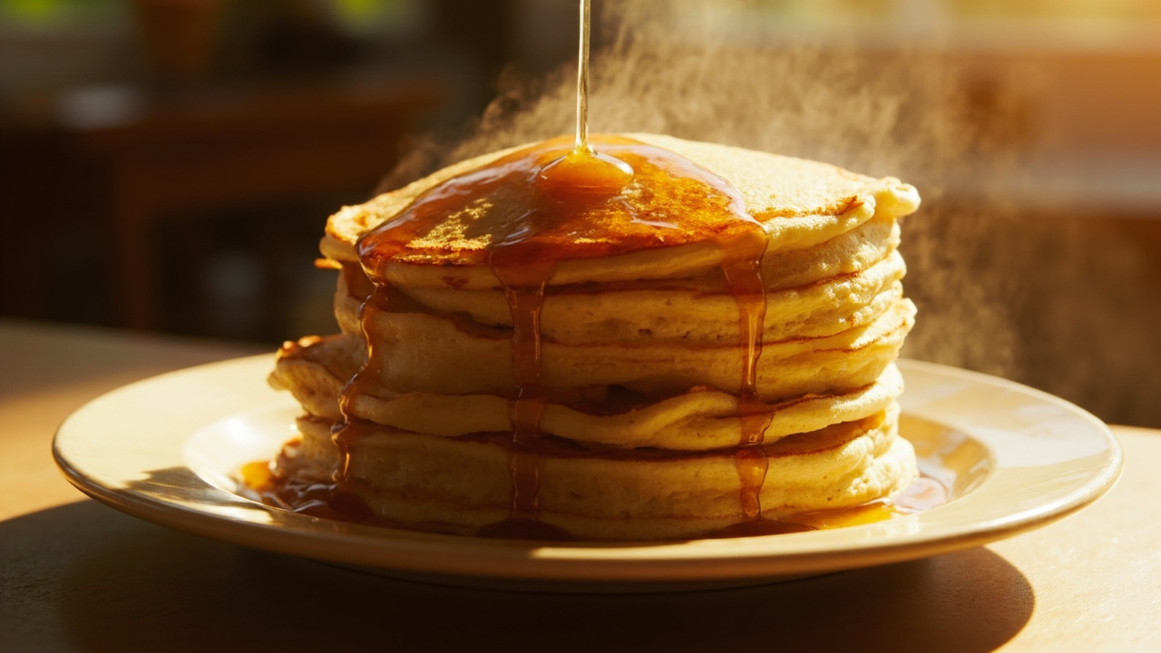 Imagen generada por IA con el prompt: Stack of golden fluffy pancakes with crispy lacy edges on a ceramic plate, maple syrup drizzle, steam rising, soft morning light, editorial food photography, warm tones