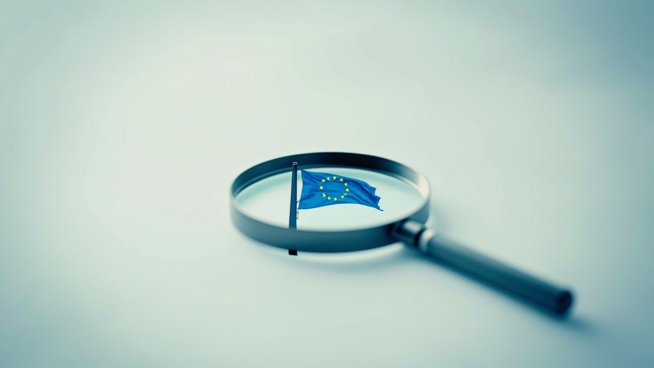 Imagen generada por IA con el prompt: Minimalist illustration of a magnifying glass with a European flag subtly incorporated, symbolizing private and localized search. Soft lighting, clean design.