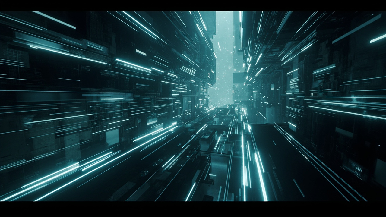 Imagen generada por IA con el prompt: Abstract futuristic cityscape, glowing neon lights, digital circuit patterns, dark and moody atmosphere, high-tech aesthetic.